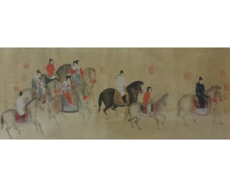 A large 19th century and possibly earlier Chinese scroll painting depicting figures upon horseback, set with numerous red sea