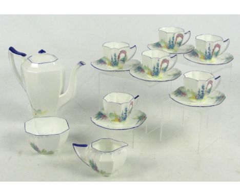 A Shelley coffee service in "Arches of Roses" pattern and shape no.11606, comprising a coffee pot, jug and bowl, and six cups