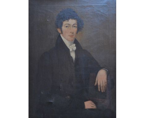 EARLY 19TH CENTURY ENGLISH SCHOOL; oil on canvas, portrait study of a man seated on a bar back chair wearing a white cravat, 