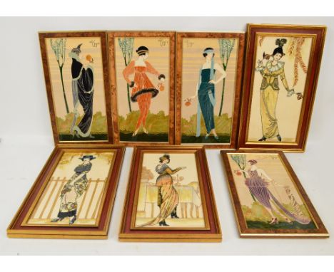 A set of seven pairs of framed Maw & Co tiles with tubeline style decoration inscribed "En Vogue", each tile 19.5 x 19.5cm, f