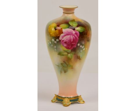 A Royal Worcester porcelain vase of inverted baluster form, hand painted with floral sprays to each side, by James Hadley, ma