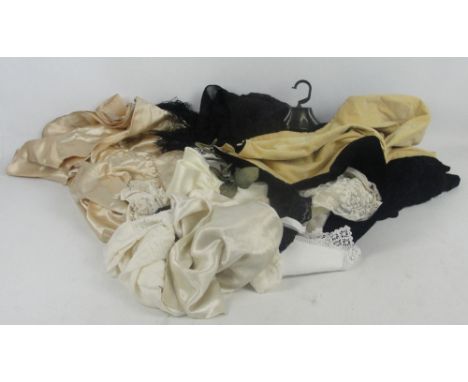 A small collection of various vintage clothing including early 20th century silk christening gown, black mourning edging lace