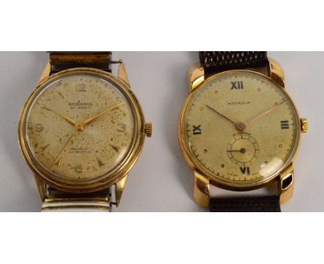 ARCADIA; an 18ct gold gentleman's wristwatch with circular dial and subsidiary seconds hand, also a vintage Rodania 9ct gold 