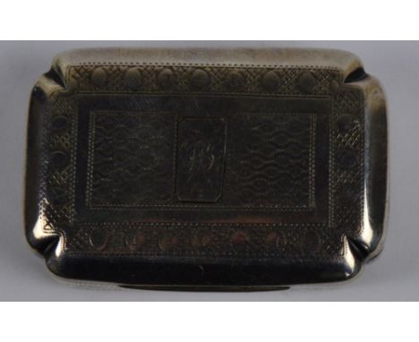A George III hallmarked silver snuff box of rectangular form with canted corners and overall pin pricket decoration centred w