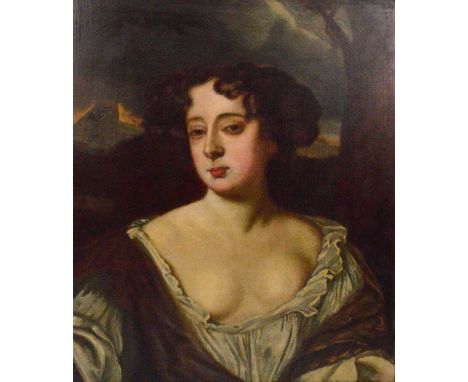 FOLLOWER OF WILLIAM WISSING; a 19th century oil on board, portrait of a young woman, probably Queen Mary II from an engraving