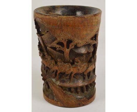 An early 20th century Chinese carved bamboo brush pot depicting architectural scene with five men upon water buffalo, height 