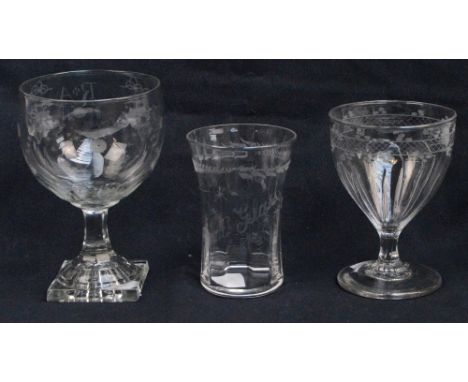 Two 19th century hand etched glasses, one with ogee bowl decorated with garlands, initialled RA, on tapering faceted stem to 