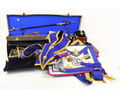 A quantity of Masonic regalia including a contemporary case containing a sword, belt, and two sashes, a vintage shaped case, 
