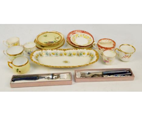 A Royal Doulton "Merryweather" bachelor's tea service comprising cup and saucer, plate, milk jug and sugar bowl, also two Roy