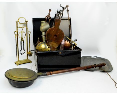 A weight of metalware including companion tools, warming pan, bellows, trivet, etc.