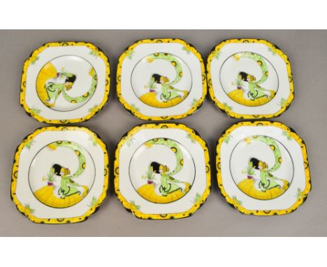 MELBA BONE CHINA; a set of six Art Deco side plates "Dolly Varden", centred with the stylised image of a young woman wearing 