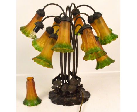 A reproduction Art Nouveau style twelve branch bronzed table lamp.