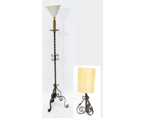 A modern wrought iron standard lamp and a similar table lamp (2).