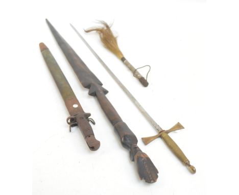 An early 20th century bayonet in leather scabbard, a Masonic ceremonial sword, a fly whisk and a decorative spear (4).