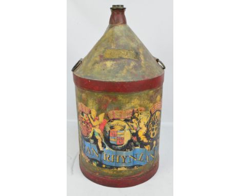 A large metal circular flagon with conical top with "Poison" plaque and decalcomania decorated with coat of arms and cherubic