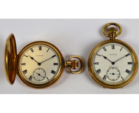 ELGIN; an early 20th century gold plated full hunter crown wind pocket watch, the circular enamel dial set with Roman numeral