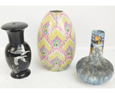 A Crown Devon ceramic lamp base of baluster form with flared top, transfer decorated with swans in flight, height 31.5cm, a C