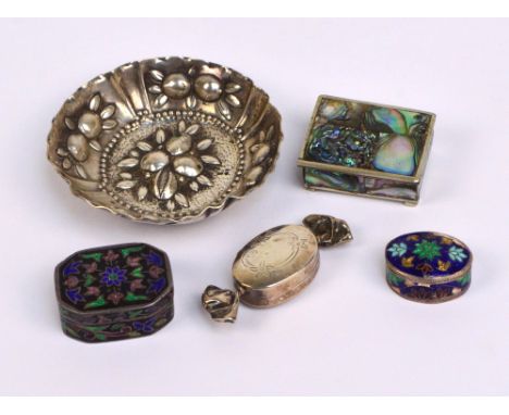 A post 1888 German circular pin dish embossed with berries, silver standard 800, diameter 8cm, also a group of four pill boxe