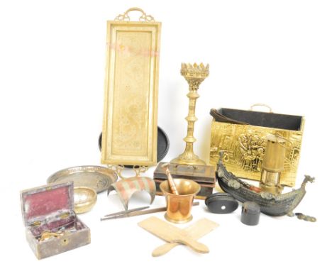 A quantity of decorative metalware including pestle and mortar, brass tray, a Gothic inspired candlestick, miner's lamp, etc.