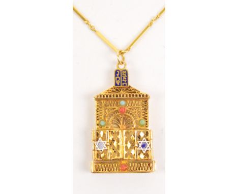 A yellow metal chain supporting an enamel decorated pendant modelled as the Aron Kodesh with twin hinged doors, approx 12.5g.