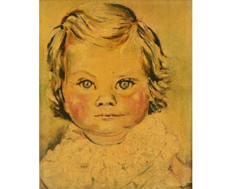 EDITH LE BRETON (1912-1992); oil on card, portrait of a young girl (the vendor), taken from a photograph, signed lower right,