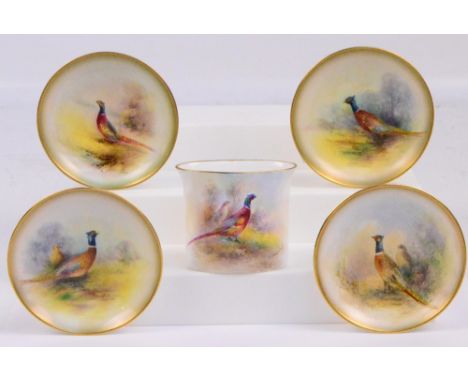 Five hand painted Royal Worcester pheasant decorated pieces including four small pin dishes, each with black printed marks by