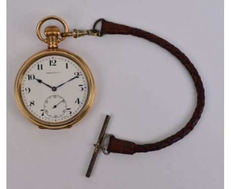 PRESTONS LTD; an early 20th century gold plated cased open face crown wind pocket watch, the circular enamel dial set with Ar