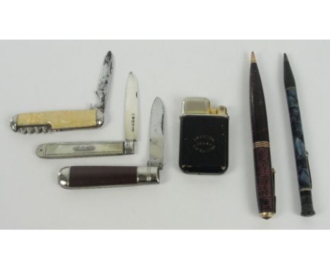 A small quantity of collectors' items comprising three pen knives including a silver bladed mother of pearl handled pocket kn