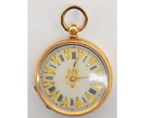 An early 20th century Swiss 18ct yellow gold cased open face key wind fob watch, the circular enamel gilt decorated dial set 