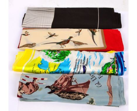 Four vintage silk scarves to include Lisa Canali example decorated with pheasants and a Leonardi black and white geometricall