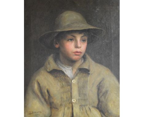 FD BARNES; oil on canvas, portrait of a young boy in a hat and smocked coat, signed and dated 1902 to lower left, 60 x 44cm, 