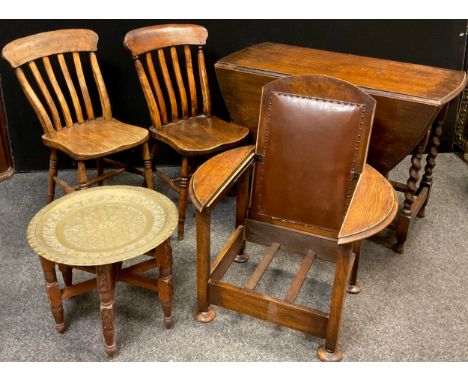 An metamorphic oak armchair / side-table, c.1950, 80cm high x 71cm wide x 57cm (as a chair);  a pair of late 19th century elm