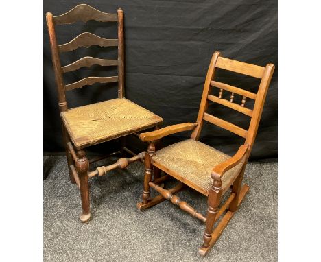 A Victorian walnut rocking chair, woven rush seat, 80cm high x 46cm wide, c.1880;  an early 19th century elm ladder back kitc