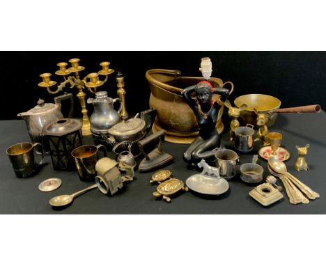 Brass - a four branch candelabrum; a set of three novelty brass mice; coal scuttle; a rare Jos Lucas, Warna Birmingham bicycl