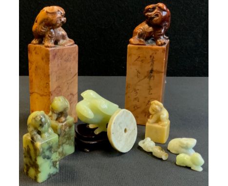 A pair of Chinese green hard stone seal stamps, bear cub terminals;  others Qing dynasty style soapstone etc;  green stone ha