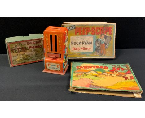 Toys &amp; Juvenalia - a Cecil Series Farmyard set, boxed; a Kay Peep-Scope, boxed; a tinplate chocolate slot machine, 15cm h