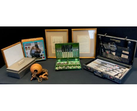 A Solingen Chefs/cooks knife set, cased;  students monocular microscope;  rise and fall lamp weight etc 