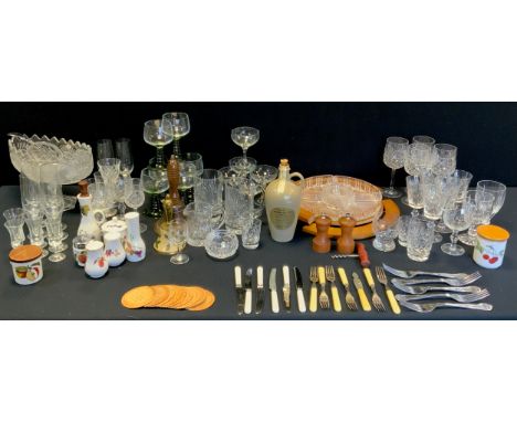 A set of six green ribbed stem hock wine glasses; six champagne flutes; Royal Worcester, pattern ' Evesham' cruet set; Kings 