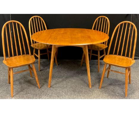 Ercol - A mid 20th century Elm and Beech dining table and four chairs - Modern design drop leaf dining table, oval elm top, b