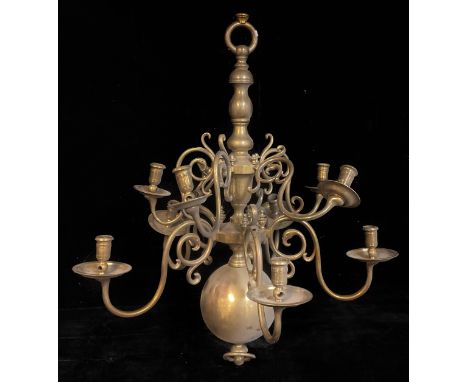 A 16th century style brass ten branch ceiling light/electrolier, S-scroll arms, 75cm high 