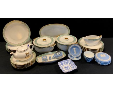 Ceramics - a Wedgewood Jasperware table lighter; two Wedgewood Jasperware circular dishes, decorated with a Golfer taking a s