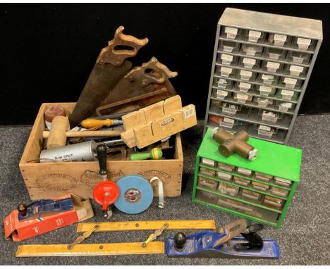 Tools and fixings - a Record Marples No. 05 plane, block plane, saws, hinges, bolts, springs, other fixings, etc. 