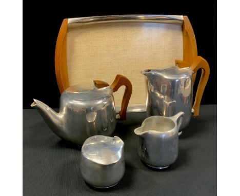 A five piece Picquot Ware tea service, comprising teapot, hot water hot, covered sucrier, milk jug and tray 