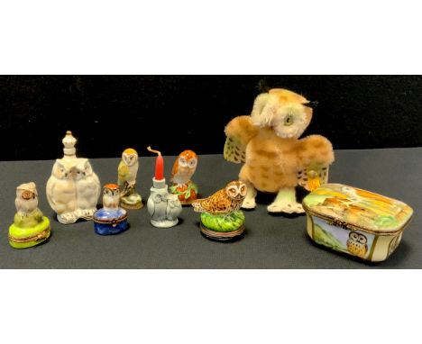 A limited edition of a Peter graves Limoges porcelain box, No 10/50; two French owl Limoges trinket boxes; Staffordshire enam