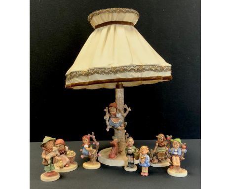 Goebel figures - a Child with Lost Shoe and Terrier dog table lamp, no 1936;  figures Apple Tree Boy and Girl,  Flower girl, 