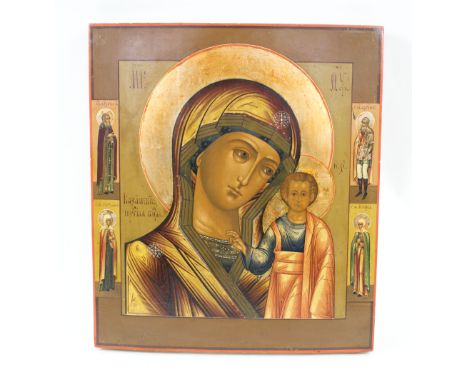 RUSSIAN ICON, painted on panel depicting Mother of God and young Christ, 35cm H x 31cm W.