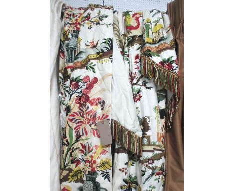 CURTAINS, a pair, Chinoiserie design lined and interlined each curtain, 104cm W gathered x 231cm drop. (2)