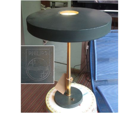 SIDE LAMP, mid 20th century green metal shade on a brass support, 40cm W x 50cm H.
