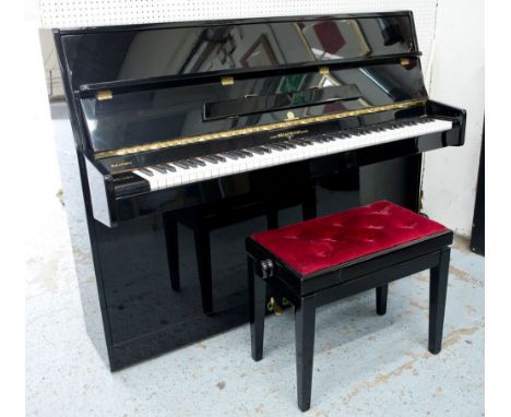 UPRIGHT PIANO, John Broadwood & Sons, in full gloss ebonised case, stamped by appointment to H M Queen Elizabeth, made in Eng