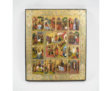 RUSSIAN ICON, painted on wooden panel, depicting vignettes from the life of Christ, 31cm H x 26.5cm W.